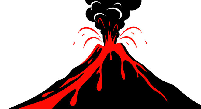 Stylized Volcano Eruption with Lava Flow and Ash Cloud