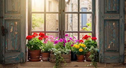 Fototapeta premium Rustic Window Sill Decorated with Vibrant Potted Flowers in Sunlight