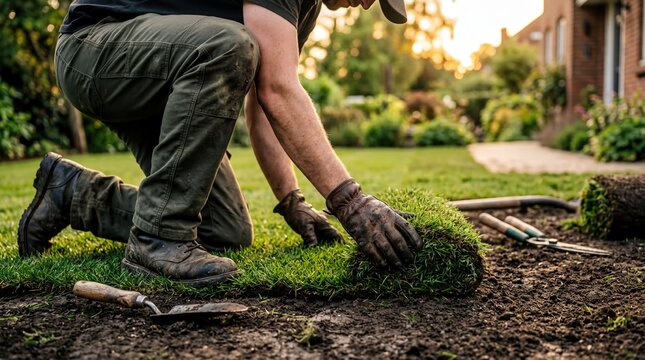 landscape installation techniques, a kneeling worker lays fresh sod on a residential lawn, hands focused on turf