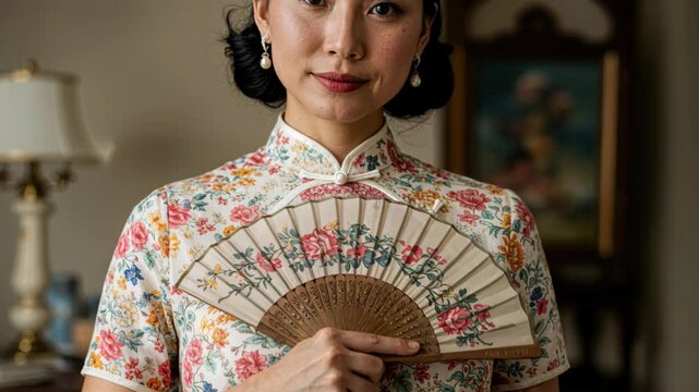 Elegant Woman in Traditional Attire: A poised East Asian woman, adorned in a floral-patterned cheongsam and holding a vintage fan, exudes timeless grace and cultural charm.