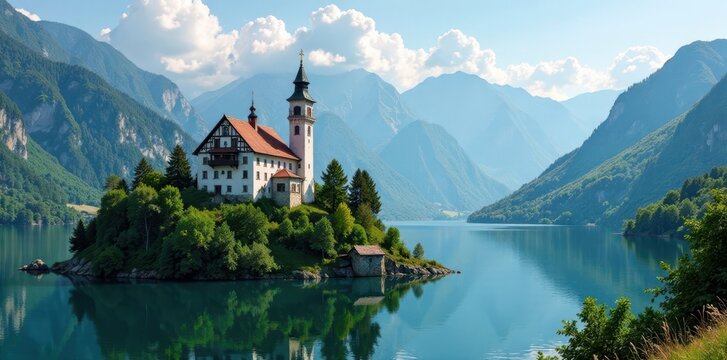 Ancient monastery perched atop hill, overlooking serene lake , monastery, lake