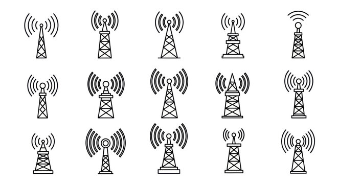 Set of communication towers icons, broadcasting, signal, telecom, network, technology vector