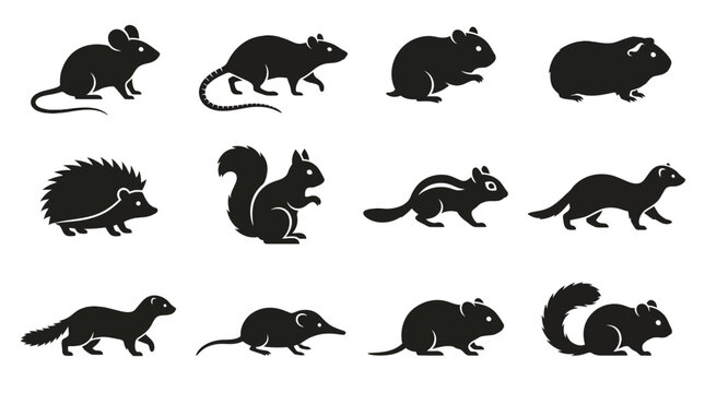 Flat silhouette vector icon set of 12 small animals  mouse side view  rat walking  hamster sitting  guinea pig side view  hedgehog side profile  squirrel standing  chipmunk side view  ferret walking  
