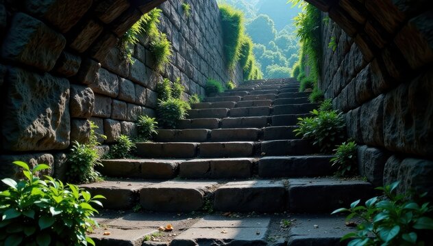 Ancient stone steps descend into the darkness of a long-abandoned fortification, descent, Fortified wall
