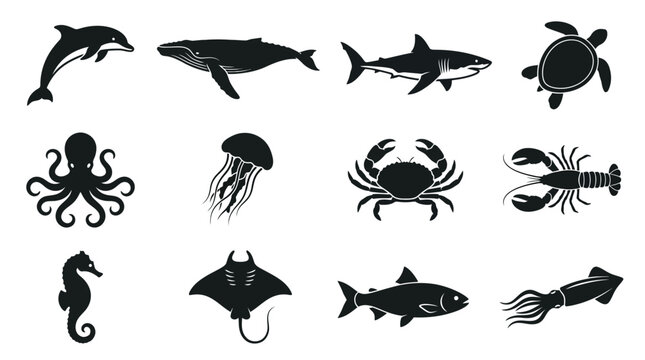 Flat silhouette vector icon set of 12 aquatic animals  dolphin jumping pose  whale side view  shark side profile  sea turtle top view  octopus top view  jellyfish silhouette  crab top view  lobster si