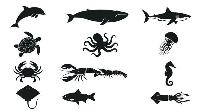 Flat silhouette vector icon set of 12 aquatic animals  dolphin jumping pose  whale side view  shark side profile  sea turtle top view  octopus top view  jellyfish silhouette  crab top view  lobster si