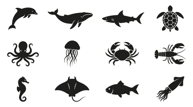 Flat silhouette vector icon set of 12 aquatic animals  dolphin jumping pose  whale side view  shark side profile  sea turtle top view  octopus top view  jellyfish silhouette  crab top view  lobster si