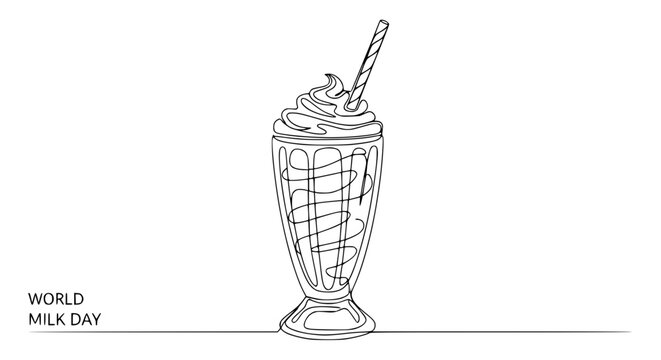 Continuous line drawing of a milkshake with whipped cream and straw, celebrating World Milk Day