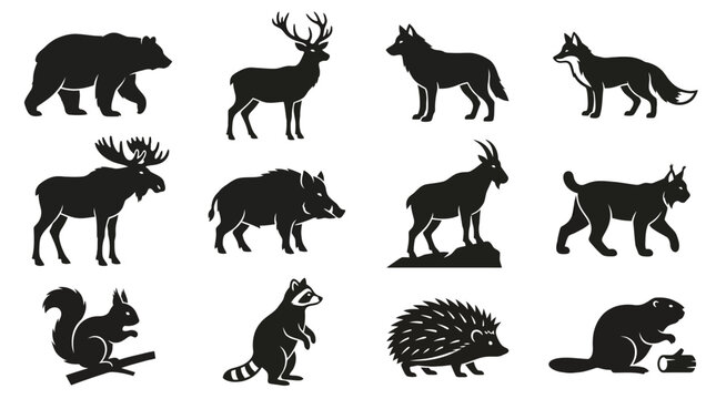 Flat silhouette vector icon set of 12 forest and mountain animals  bear walking  deer standing with antlers  wolf standing  fox side view  moose standing  wild boar side view  mountain goat standing  