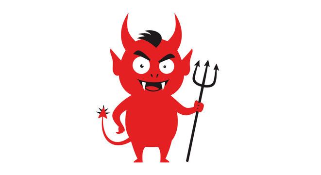 Cute Little Red Devil Cartoon Character with Trident and Horns