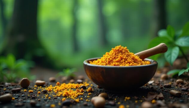 A solitary Ayurvedic mulethi stick sits atop a cluttered, darkened bowl on a misty forest floor, natural healing, herbal remedy