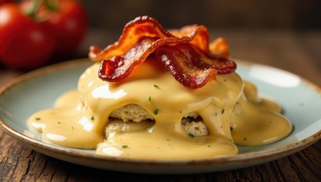 A stack of buttery biscuit halves smothered in creamy sausage gravy and topped with crispy bacon, biscuits, comforting