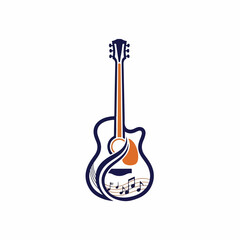 Naklejka premium Acoustic guitar with musical notes and flowing strings