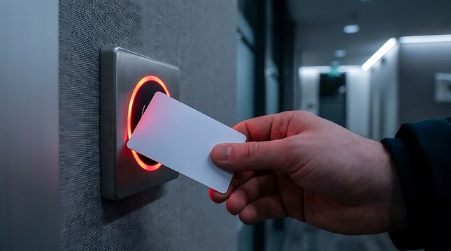 Hand inserting white access card into security reader with door access security system access control fingerprint reader