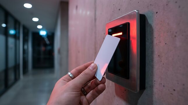 Close-up of hand with ring swiping access card into wall mounted reader door access security system access control user interfac