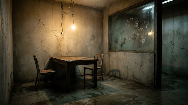 Gritty dimly lit interrogation room with a bare table chairs a single light bulb interrogation concrete suspense abandoned