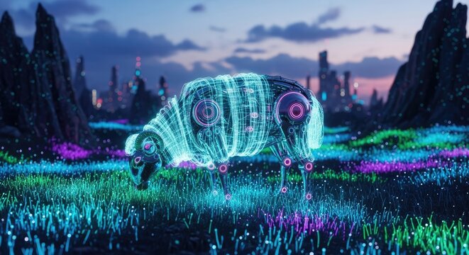 Futuristic Neon Holographic Sheep Grazing in Alien Landscape
