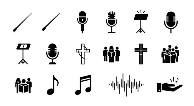 Music Choir Icons: Conductor Baton, Microphone, Sheet Music, Cross, Singing Group, Soundwave