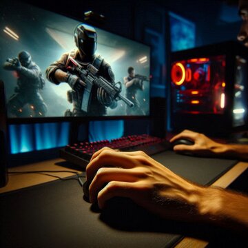 a young man's hand as he plays a first-person shooter late at night at home