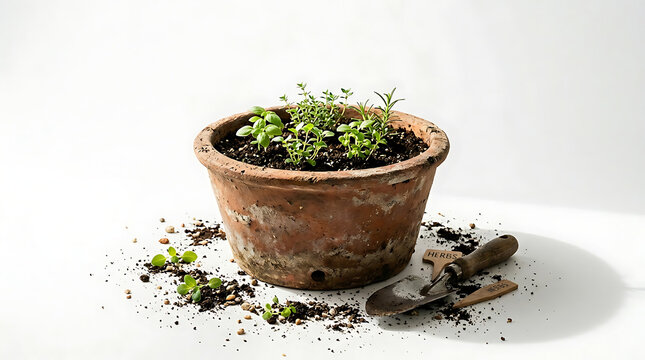 Around terracotta clay pot with weathered surface filled with green seedlings and soil gardening tools and soil spills on white background
