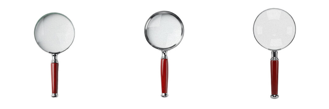 Set of Classic Handheld Magnifying Glass with Handle with Isolated on White Background, PNG