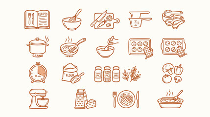 Set of hand drawn kitchen cooking icons featuring culinary tools food ingredients and baking equipment for professional chef recipes and home meal preparation concepts isolated on a clean white