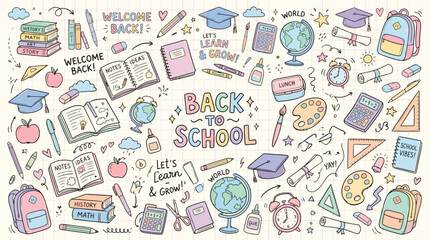Back to school hand drawn doodle set with educational supplies icons like books globes backpacks and stationery items in pastel colors on a grid paper background for creative classroom learning © craftsby.ib