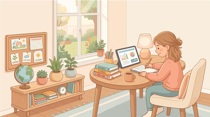 Fototapeta premium Woman studying or working from home with laptop and books in a cozy room with plants and a window