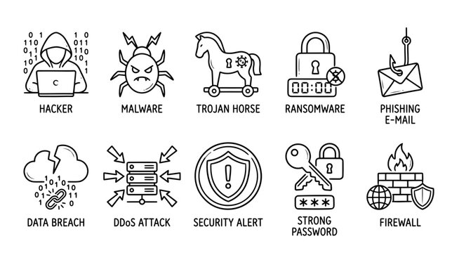 Cybersecurity icons set including hacker malware trojan horse ransomware phishing email data breach dos attack security alert strong password and firewall for business and technology concepts