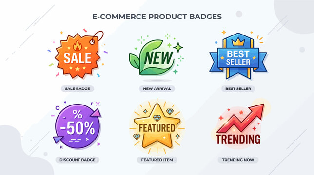 E commerce product badges for sale new best seller discount featured trending items on a white background with colorful icons