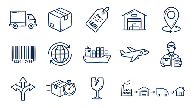 Logistics and shipping icons set including truck box warehouse map pin barcode globe airplane cargo ship camera wine glass factory and delivery truck illustrating transportation delivery and global