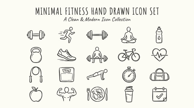 Minimalist fitness icons set hand drawn modern design workout symbols healthy lifestyle exercise sports wellness fitness equipment nutrition yoga running gym fitness tracker