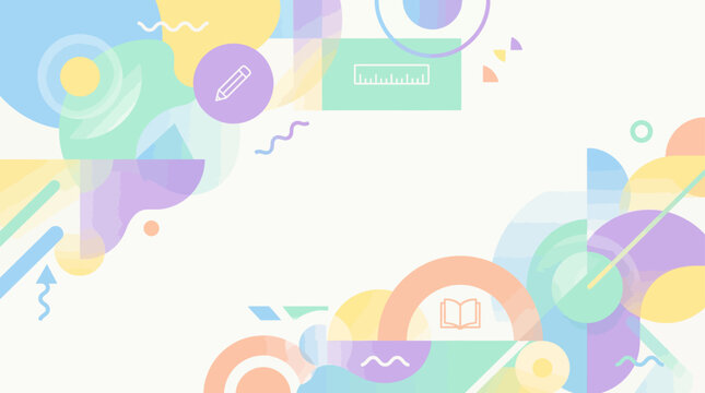 Pastel geometric education background with school supplies icons and abstract shapes for creative academic presentation designs and classroom learning materials featuring soft colorful circles