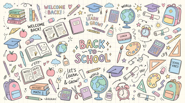 Back to school hand drawn doodle set with educational supplies icons like books globes backpacks and stationery items in pastel colors on a grid paper background for creative classroom learning