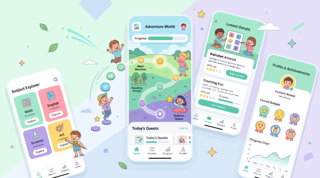 Mobile phones displaying educational apps for children with colorful interfaces and cartoon characters on a pastel background