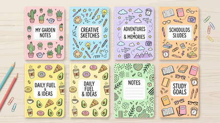 Naklejka premium Set of eight colorful pastel notebooks with hand drawn doodle patterns for creative planning and daily organization on a soft wooden background featuring cute illustrations and motivational goal