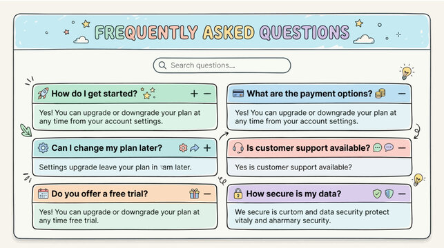 Pastel frequently asked questions faq interface design with cute doodles for website ui ux layouts and customer support help center pages displaying interactive accordion elements in soft color