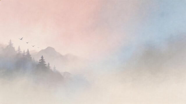 Expanding Horizon: Serene Mountain Landscape with Birds and Mist for Business Growth and Continuous Learning