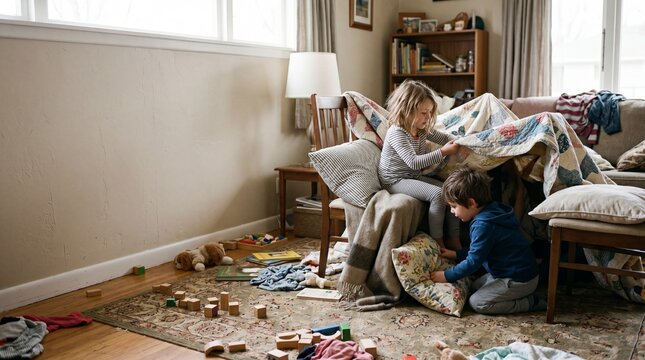 Two young children playing together and building a cozy blanket fort in a sunlit living room at home