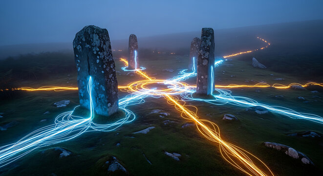 Secure HIPAA Compliance Data Network Concept Represented by Glowing Light Trails Connecting Ancient Standing Stones at Night for Medical Privacy Law