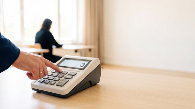 Close-up of a hand pressing a button on an electronic voting machine in a bright office environment