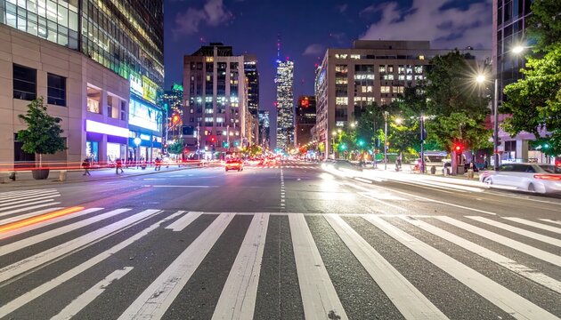 Nighttime Cityscape - Illuminated Streets and Buildings in Urban Environment.
