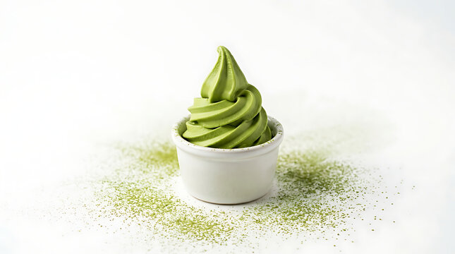 Bright green matcha soft serve ice cream in a small white cup with powdered matcha on a white background close up detailed texture fresh
