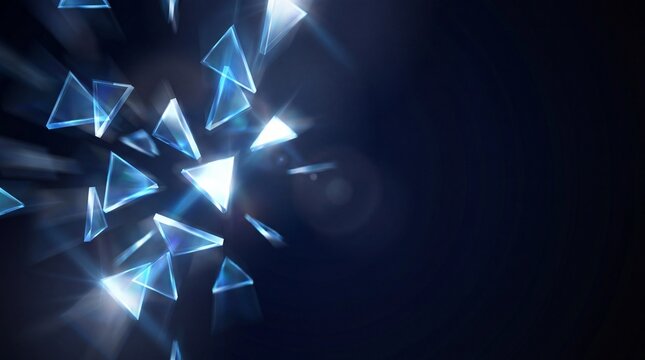 Glowing blue triangular prism shards on dark background futuristic abstract
