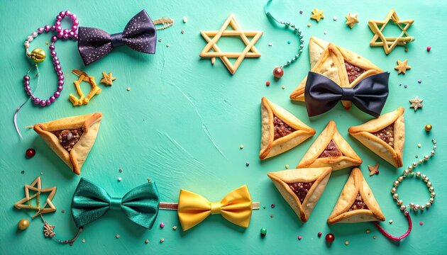 Purim Hamantaschen Cookies with Bows and Stars.