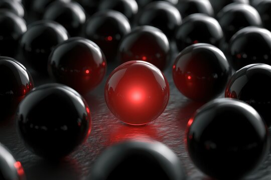 Radiant crimson sphere contrasting with ebony glass globes in a shallow depth of field shot for innovative management and brand identity