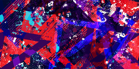 Abstract seamless geometric pattern with curved lines, dots, Shabby shape elements, colorful spray paint ink. Grunge urban pattern for boy, girl, sport clothes, wrapping paper. Gradient colors © Mah