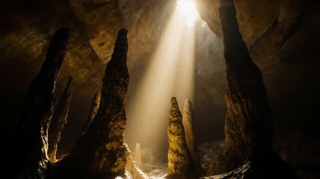 Cinematic Cave with Golden Sunlight and Blue Water &ndash; Ultra Realistic Underground Nature Scene