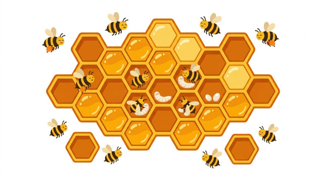 Seamless hexagon honeycomb pattern background with honeybees flying and working inside the hive