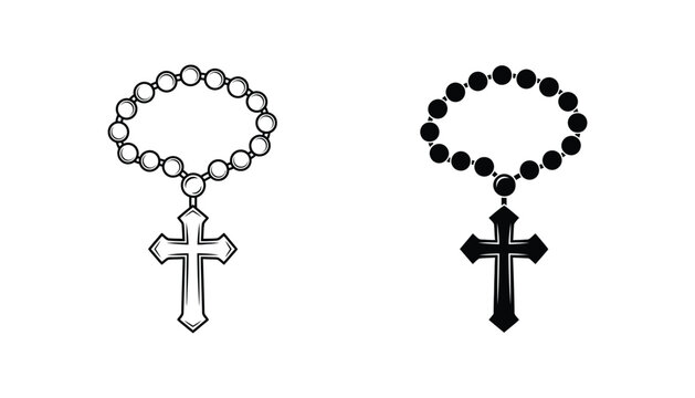 Catholic rosary beads with crucifix cross in outline and solid black silhouette vector illustration for religious spiritual design projects and sacred christian prayer meditation art